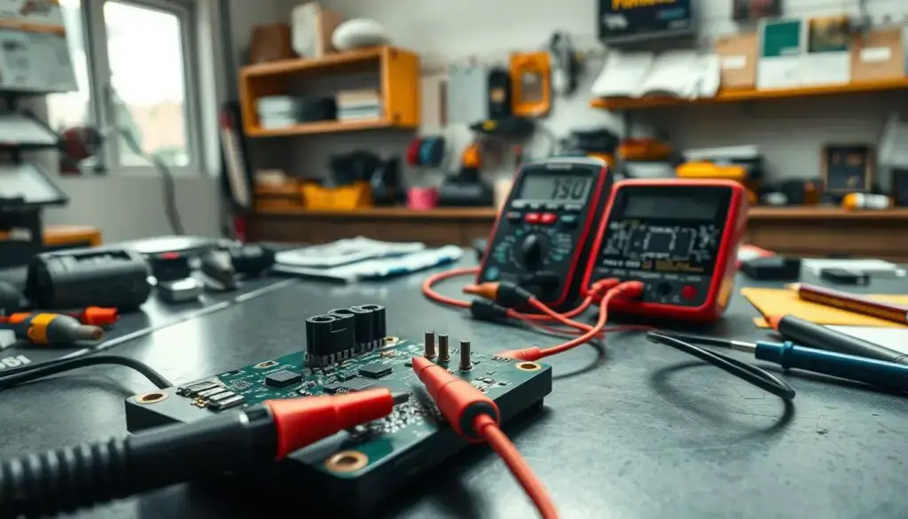 Digital multimeter testing fuel rail pressure sensor voltage output