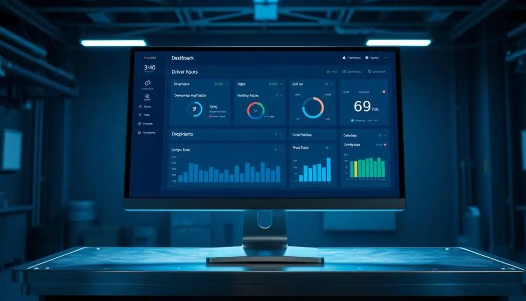 Electronic logging device mounted in commercial truck cab displaying hours of service status