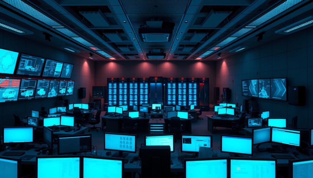 Fleet dispatch center with multiple monitors showing vehicle locations and incident management dashboards