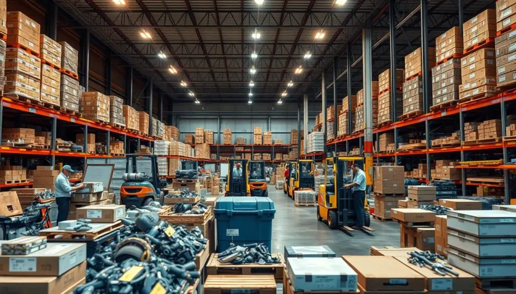 Fleet maintenance technician coordinating emergency parts procurement using digital tablet and phone