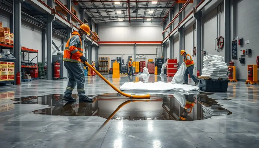 diesel shop technician deploying spill containment boom and absorbent materials