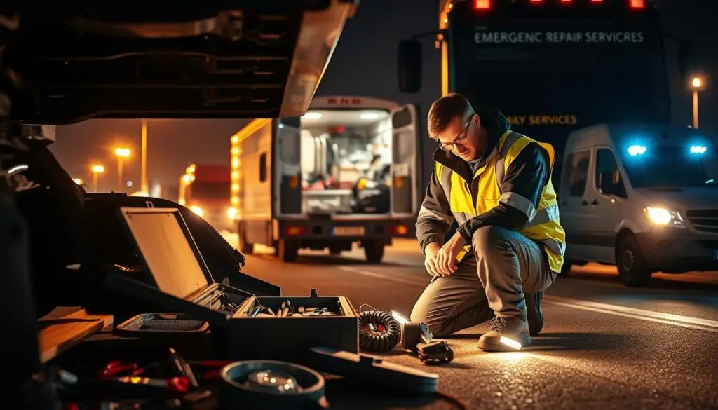 Fleet dispatch center coordinating emergency roadside repair response with digital mapping system