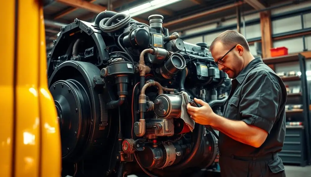 Diesel engine compartment showing fluid check locations