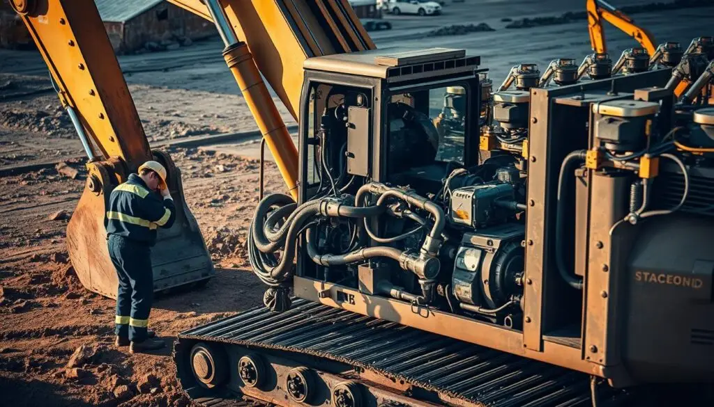 Excavator sitting idle on construction site due to hydraulic hose failure