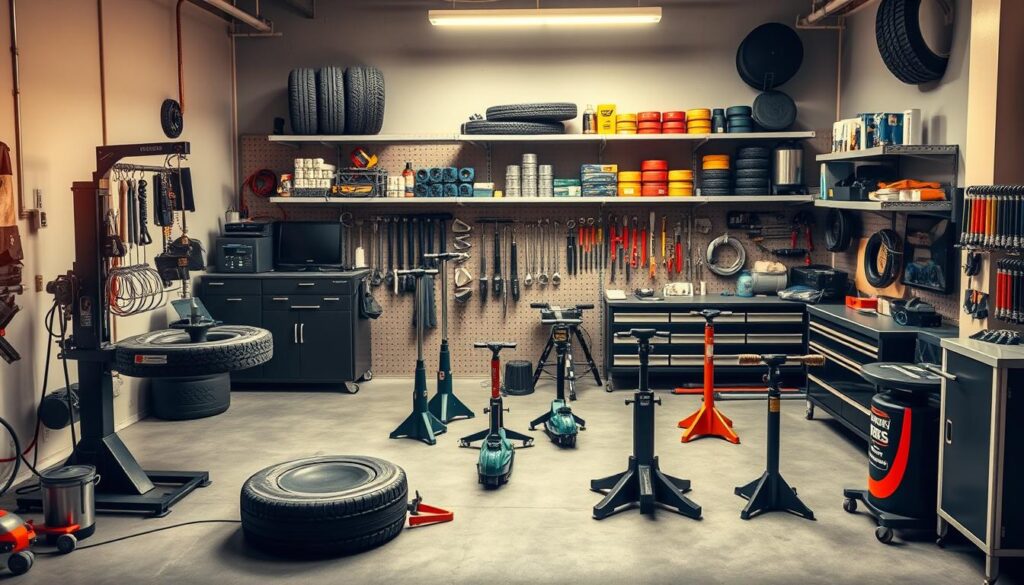 Tire service facility showing hydraulic tire manipulators, overhead hoists, and ergonomic work stations