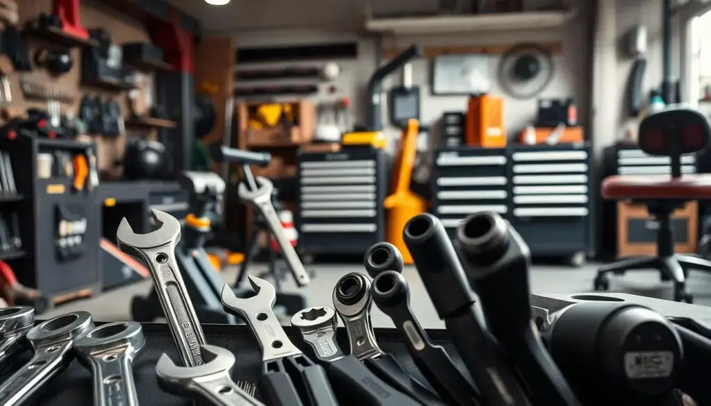Collection of ergonomic tools and equipment in diesel repair shop including lifts and hoists
