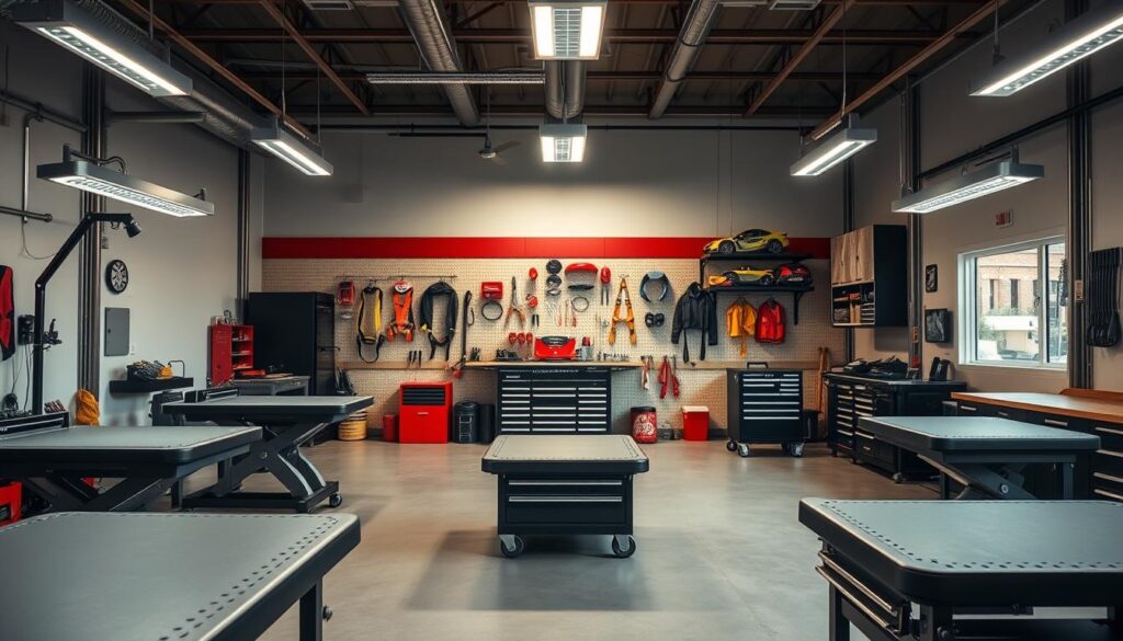 Diesel technician using ergonomic lift equipment to prevent workplace injuries during heavy component handling