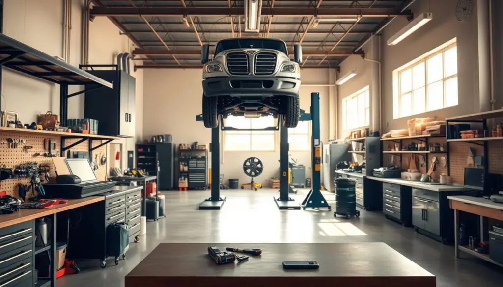Overhead view of optimized diesel repair shop layout showing proper bay spacing and equipment placement