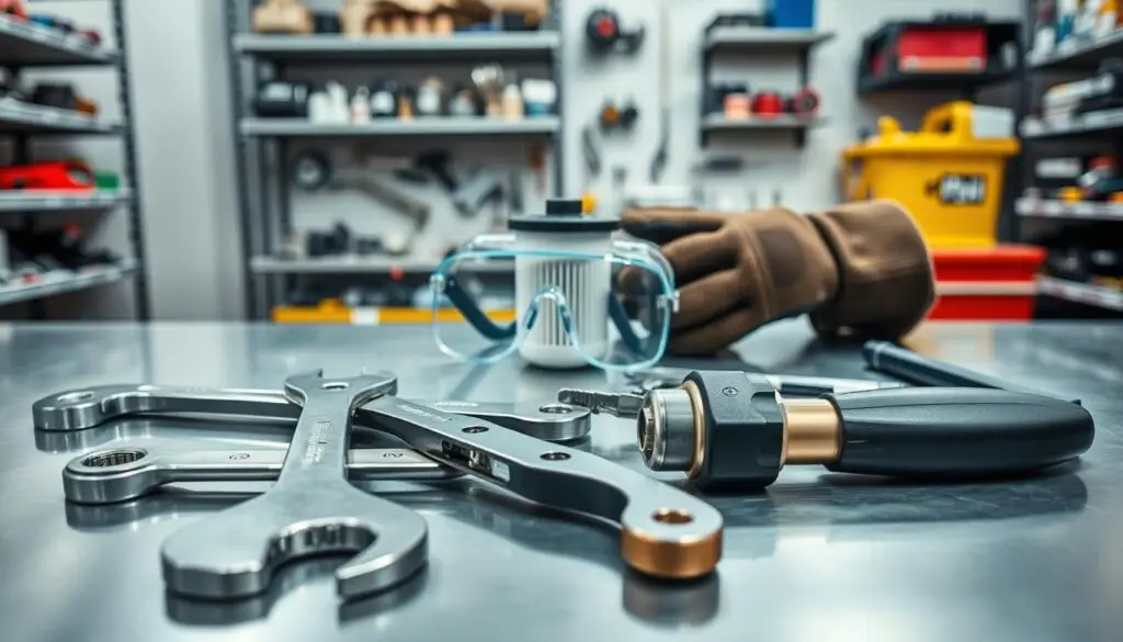 Complete set of fuel filter replacement tools including filter wrenches, drain pan, and safety equipment
