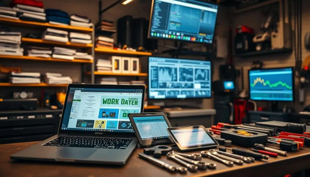 Comparison of diesel mechanic software platforms showing key features including work order management, GPS tracking, and inventory control
