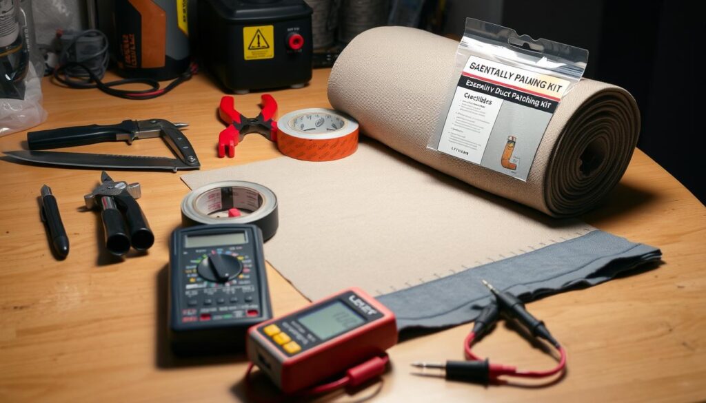Essential tarp maintenance toolkit including digital multimeter, socket set, and wire strippers