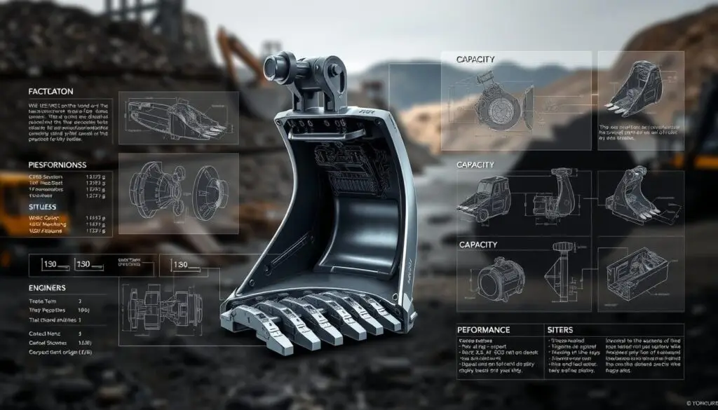 Excavator bucket showing capacity design and structural components
