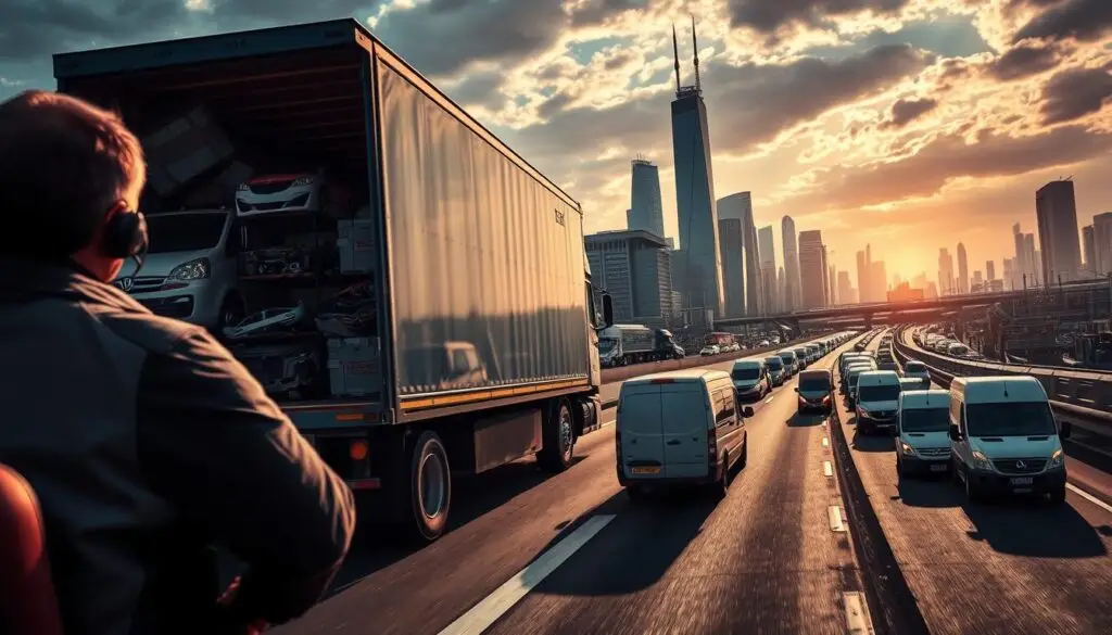 Hot shot delivery vehicle and air freight cargo representing expedited parts delivery methods for fleet emergencies