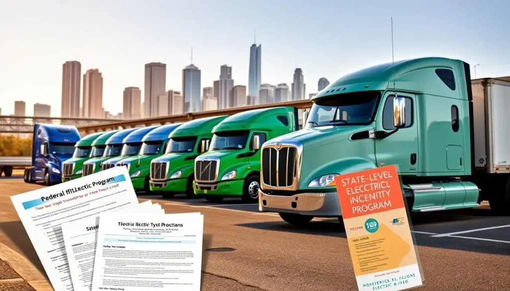 Infographic showing federal Section 45W tax credits and state HVIP voucher amounts for commercial electric trucks