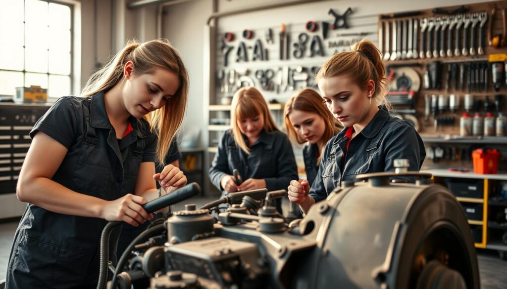 Female apprentice diesel technician receiving hands-on training from experienced mentor