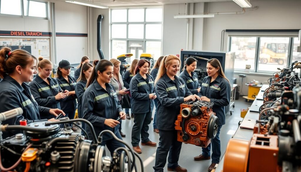 Female diesel instructor teaching students in technical training lab environment