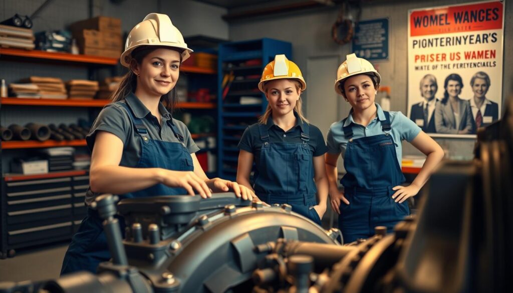Female diesel mechanic demonstrating technical expertise on heavy-duty engine