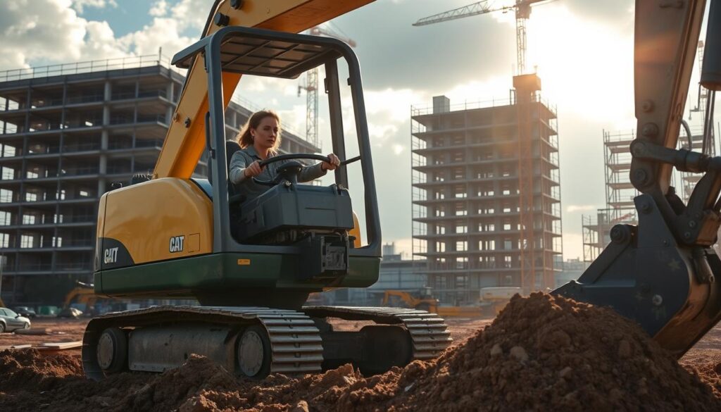 Female excavator operator controlling hydraulic excavator on construction site