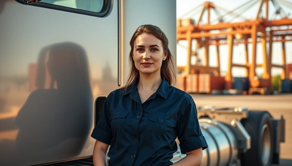 Woman reviewing freight documents next to her own commercial truck