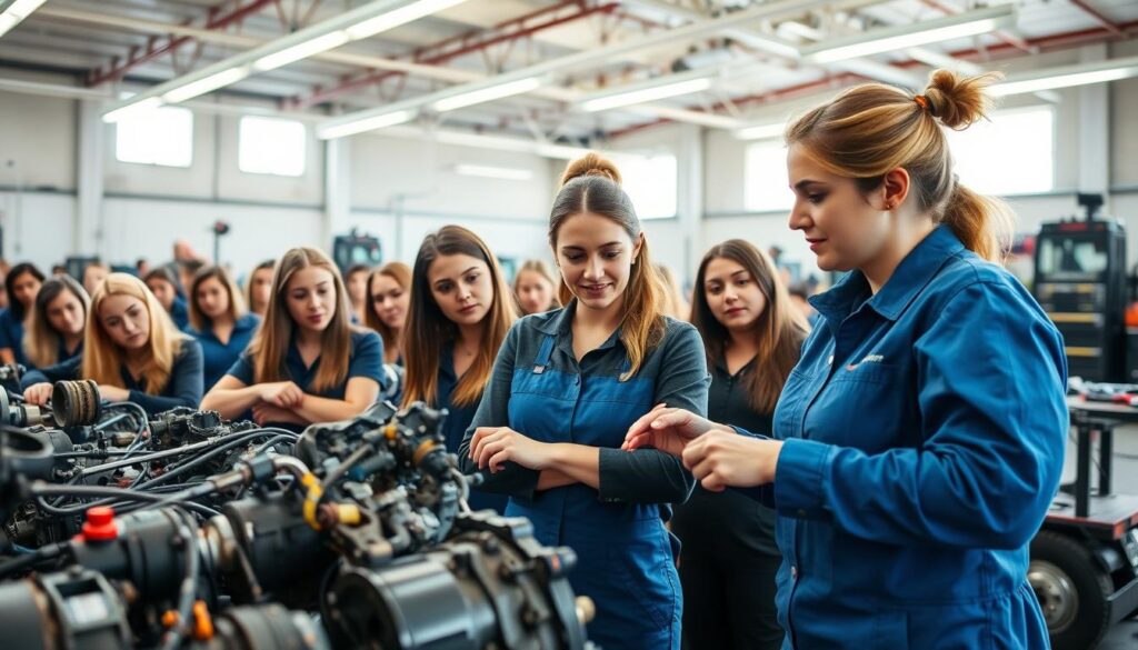 Female diesel instructor mentoring student during engine diagnostic training