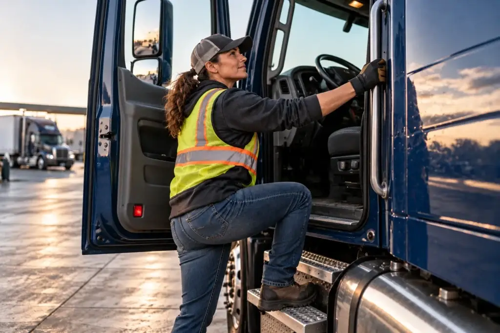 Female commercial truck driver climbing into a semi-truck cab with the door open at a professional trucking yard, representing CDL careers and opportunities for women in trucking.