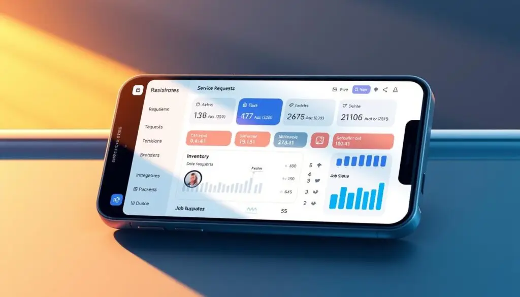 Field service management software interface showing dispatch scheduling and job tracking for mobile diesel technicians