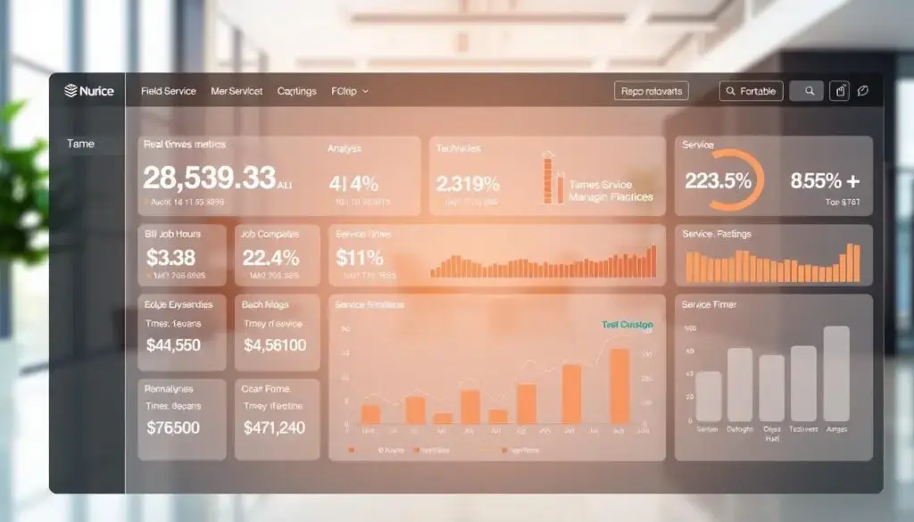 Fleet service productivity dashboard displaying technician utilization rates and billable hours tracking for heavy-duty operations