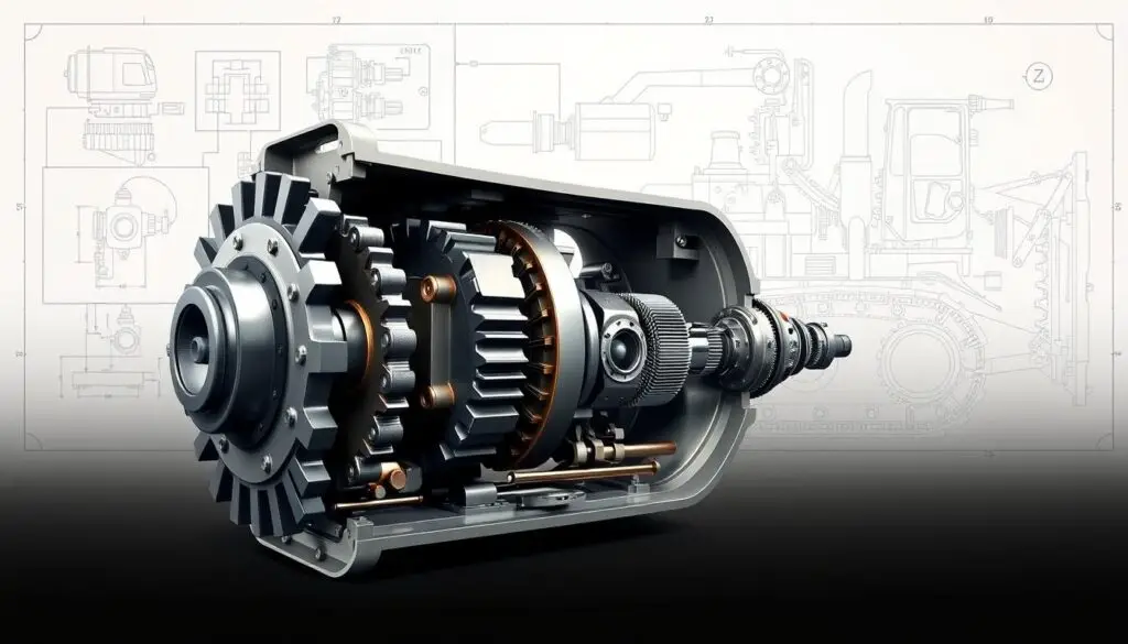 Cutaway view of final drive assembly showing hydraulic motor integration with planetary gear reduction system