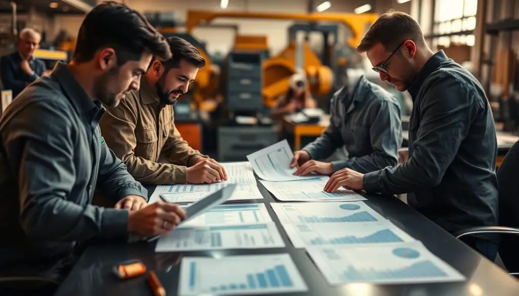 Diesel technician reviewing budget and financial plan for reducing overtime dependency