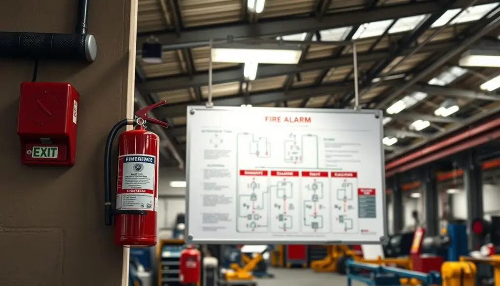Fire extinguisher placement and emergency exit signage in diesel repair facility