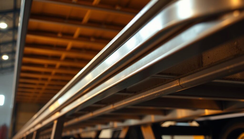 Inspector examining flatbed trailer frame rails for cracks and structural damage