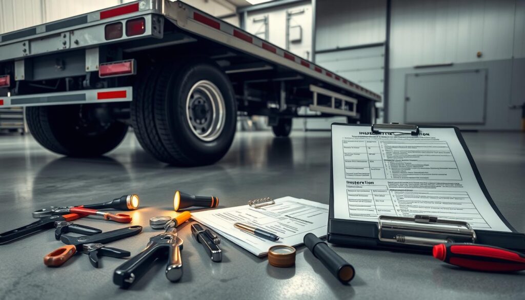 Inspection documentation forms and tools laid out for flatbed trailer evaluation