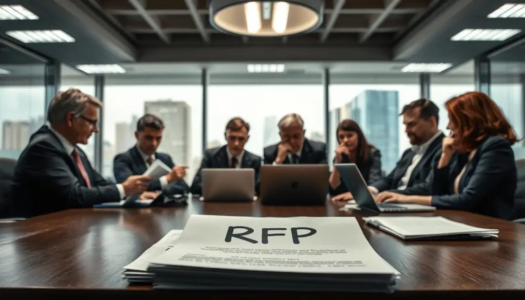Procurement team evaluating multiple fleet vehicle proposals in conference room