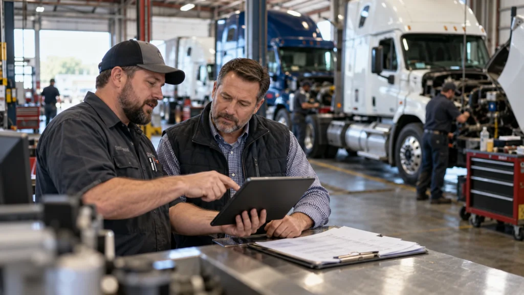 Diesel repair shop service manager reviewing fleet account records and maintenance information with a commercial fleet representative while heavy-duty trucks are serviced in the background.
