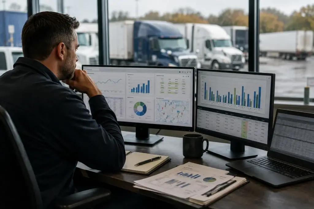 Fleet manager analyzing fleet benchmarking data and performance metrics on multiple dashboards with commercial trucks visible outside the operations office.