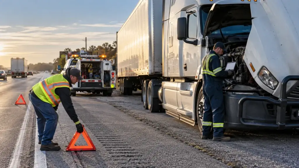 Fleet breakdown response scene with a commercial truck stopped on a highway shoulder, a driver placing warning triangles, and a roadside technician diagnosing the truck with a mobile service vehicle nearby.