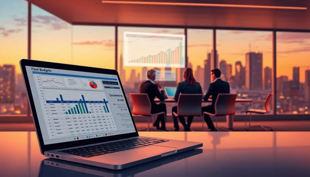 Fleet budget management dashboard showing cost breakdowns by category including fuel, maintenance, insurance, and depreciation