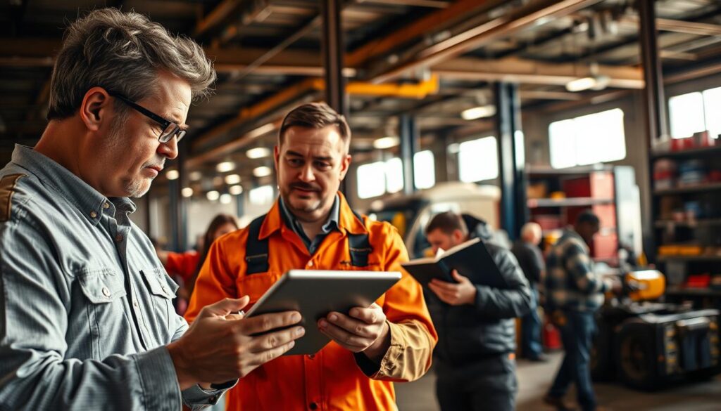 Fleet technician and manager discussing repair timeline and deadline expectations in maintenance shop