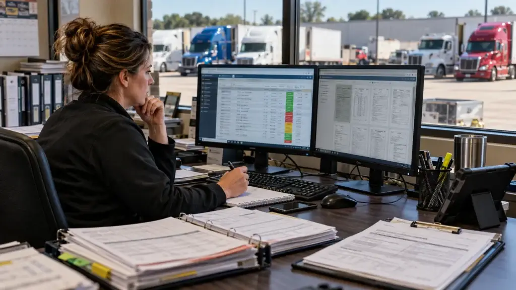 Fleet compliance manager reviewing digital records and DOT compliance documents for a commercial truck fleet.