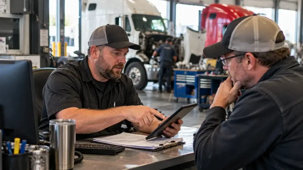 Truck repair service advisor reviewing repair status, timing, and service documentation with a fleet customer on a tablet while heavy-duty trucks are being repaired in the shop.