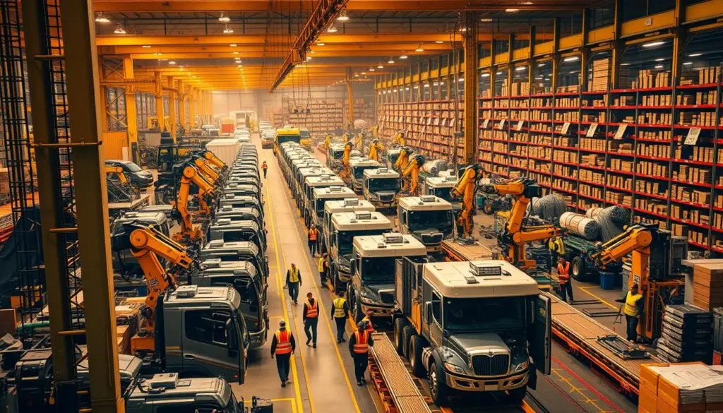Fleet trucks parked at distribution center representing equipment demand dynamics