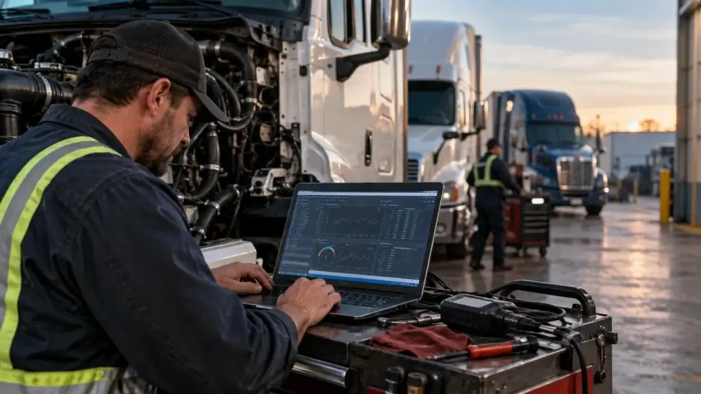 Fleet technician analyzing heavy-duty truck diagnostic data on a laptop during maintenance operations at a commercial fleet service facility.