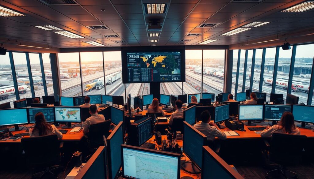 Fleet dispatch coordination center with multiple monitors displaying GPS tracking and route data