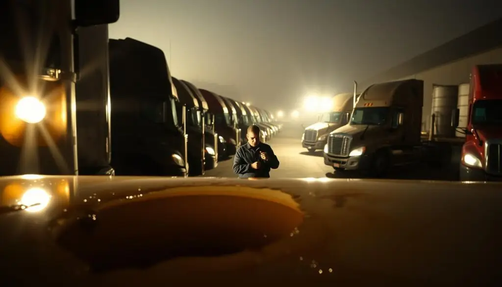 Semi truck at maintenance bay showing fuel system repair during fleet downtime