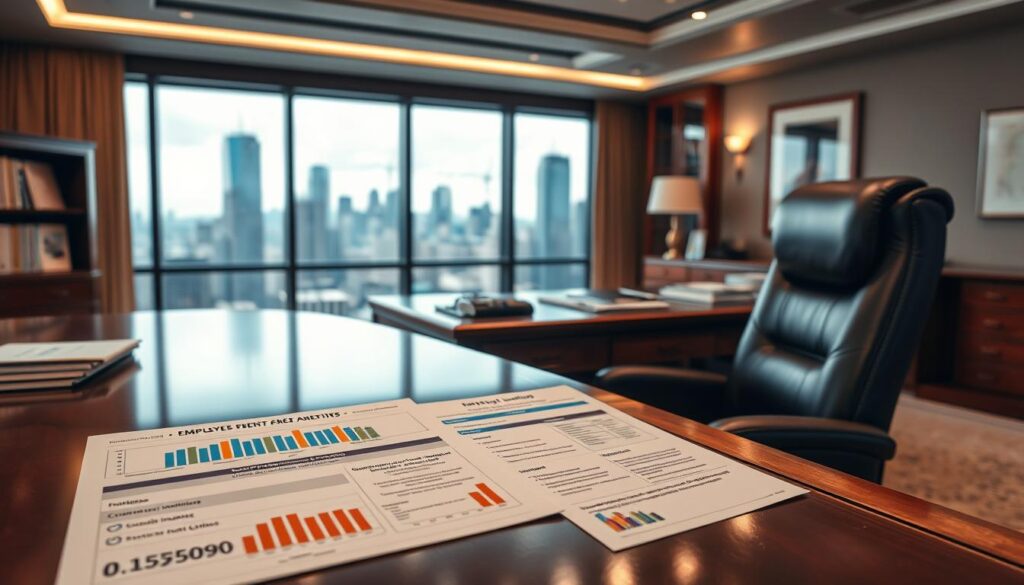 Fleet manager presenting driver compensation and benefits package structure on presentation screen