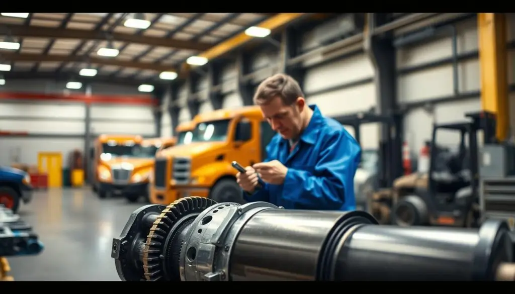 Fleet manager inspecting hydraulic cylinder on heavy equipment for repair vs replacement decision