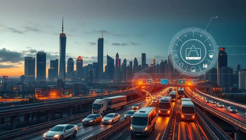 Fleet integration with enterprise systems showing data flow between analytics platform, ERP, CMMS, and fuel card systems