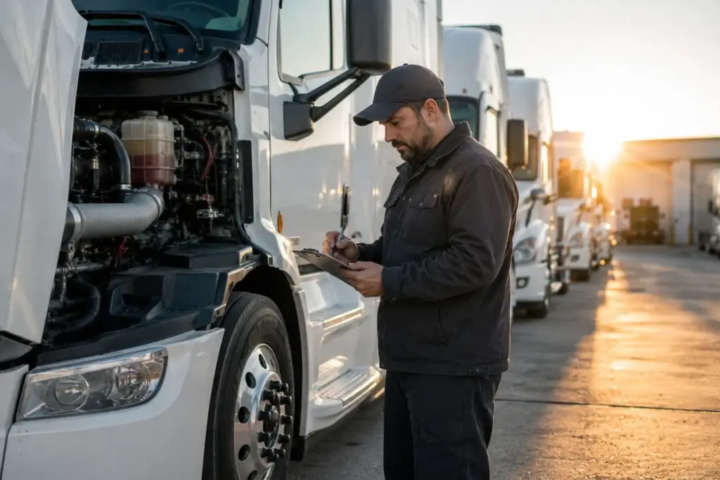 Fleet professional inspecting a commercial truck as part of fleet lifecycle management and preventive maintenance operations.