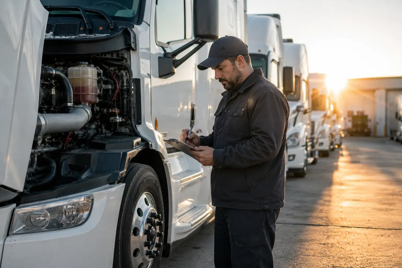 Fleet professional inspecting a commercial truck as part of fleet lifecycle management and preventive maintenance operations.