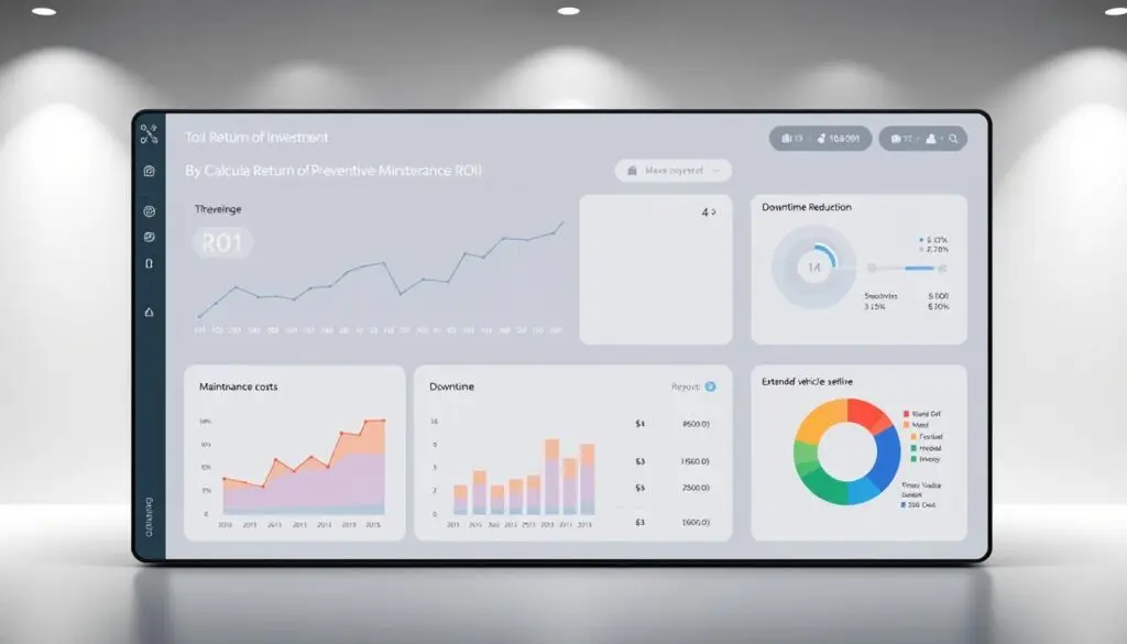 Digital dashboard displaying fleet maintenance ROI calculations and cost savings data